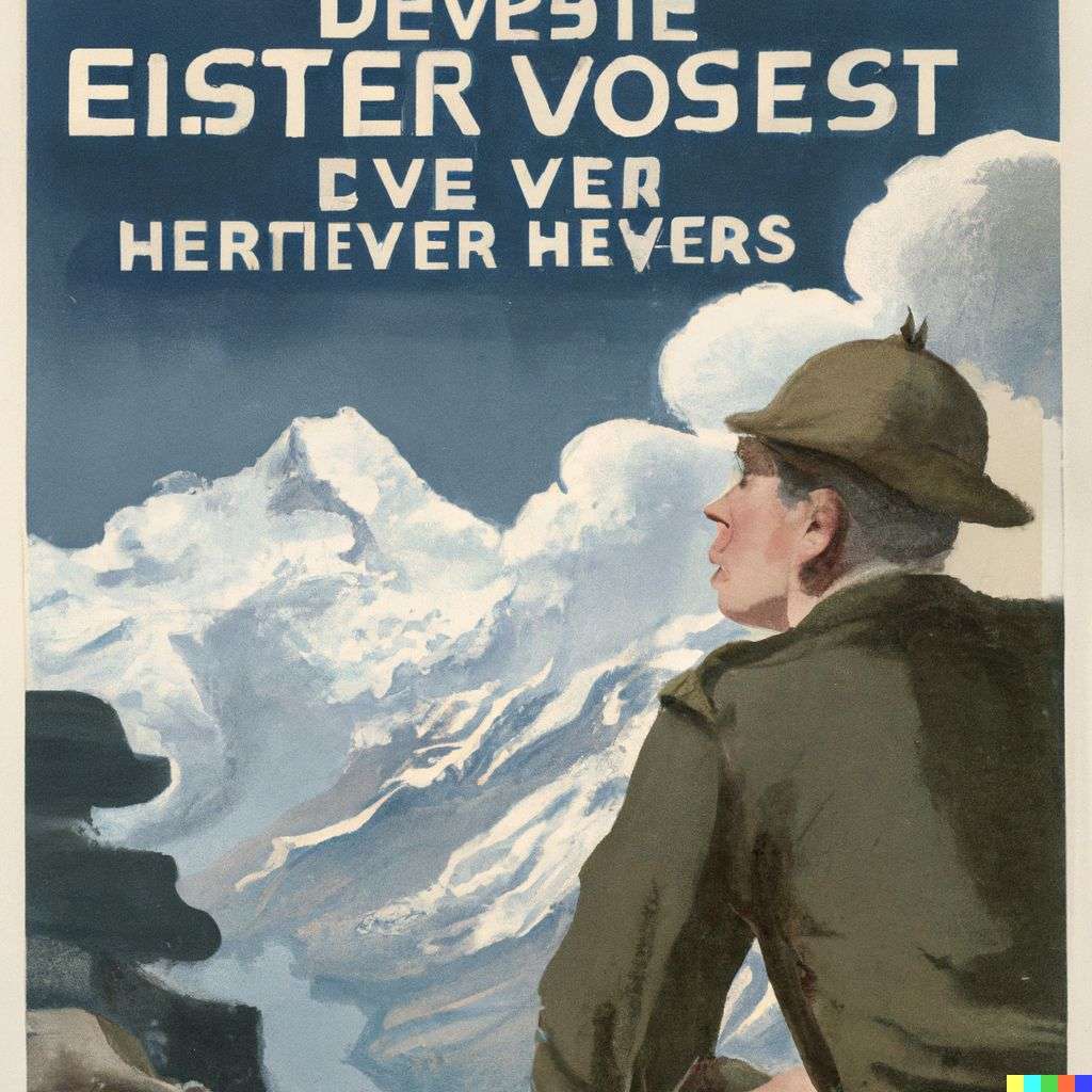 someone gazing at Mount Everest, government information poster from World War 2